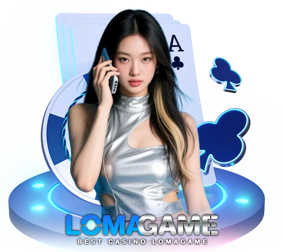 LOMAGAME สล็อตเว็บตรง ภาพผู้หญิงชุดเงินถือโทรศัพท์ ฉากไพ่เอซและชิปคาสิโนสีน้ำเงิน