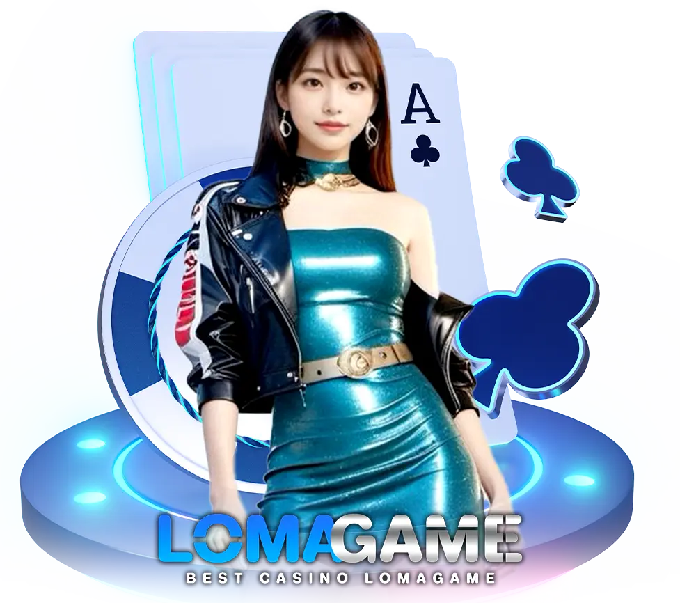 LOMAGAME สล็อตเว็บตรง ภาพผู้หญิงชุดเดรสฟ้าเมทัลลิกยืนหน้าฉากไพ่เอซและชิปคาสิโนสีน้ำเงิน