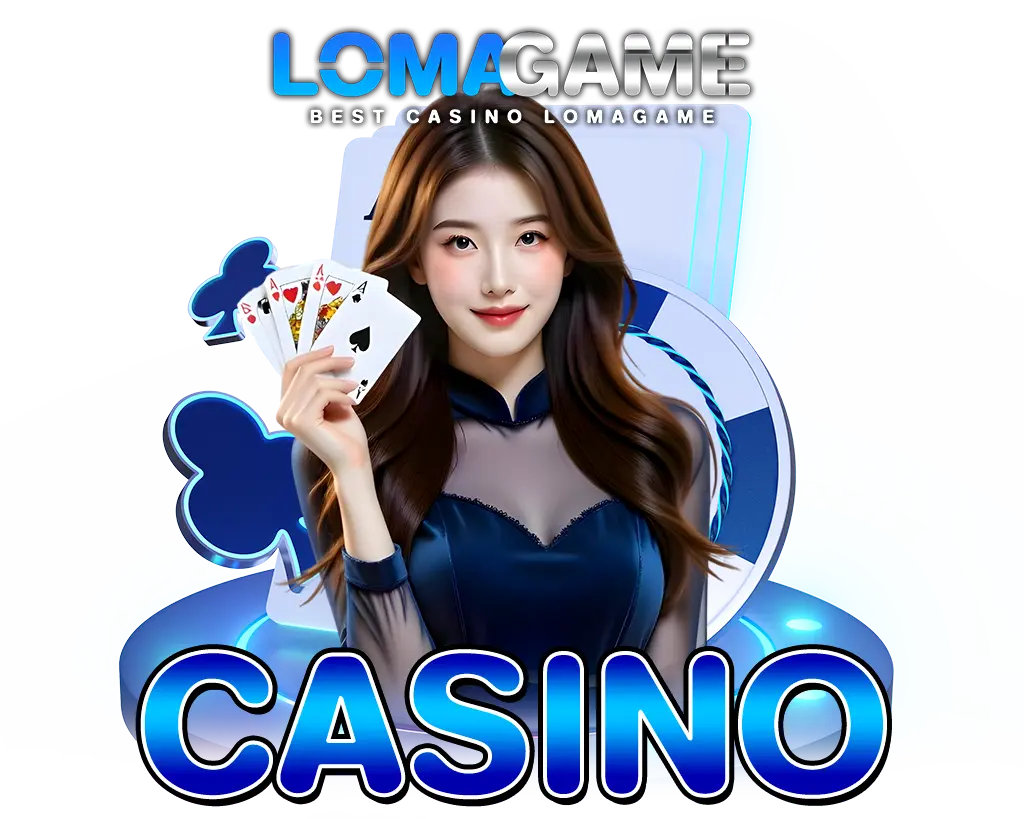 LOMAGAME ภาพโปรโมทหมวดคาสิโน พร้อมดีลเลอร์สาวถือไพ่ โทนสีน้ำเงิน ใช้สื่อถึงบริการคาสิโนครบวงจร